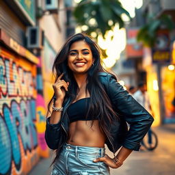 An Indian girl posing confidently in a trendy outfit that accentuates her curves, playfully showing off her figure
