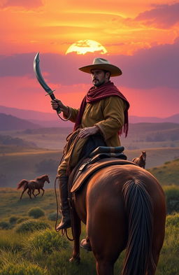 An epic landscape scene depicting a heroic gaucho inspired by Martin Fierro, wearing traditional gaúcho attire such as bombachas and a wide-brimmed hat