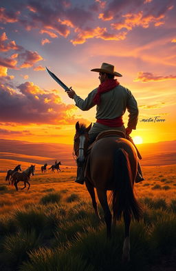 An epic landscape scene depicting a heroic gaucho inspired by Martin Fierro, wearing traditional gaúcho attire such as bombachas and a wide-brimmed hat