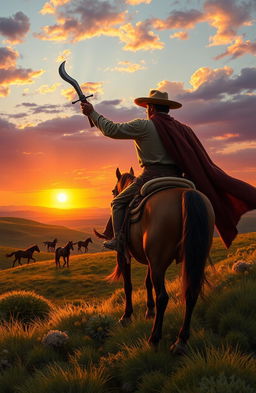 An epic landscape scene depicting a heroic gaucho inspired by Martin Fierro, wearing traditional gaúcho attire such as bombachas and a wide-brimmed hat