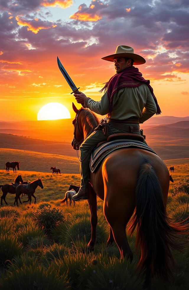 An epic landscape scene depicting a heroic gaucho inspired by Martin Fierro, wearing traditional gaúcho attire such as bombachas and a wide-brimmed hat