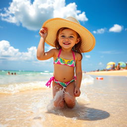 A cute girl enjoying a sunny day at the beach, wearing a vibrant bikini and a wide-brimmed sun hat