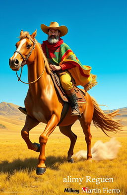 A legendary gaucho character inspired by Martin Fierro, dressed in traditional gaucho attire including a wide-brimmed hat, a colorful poncho, and leather boots