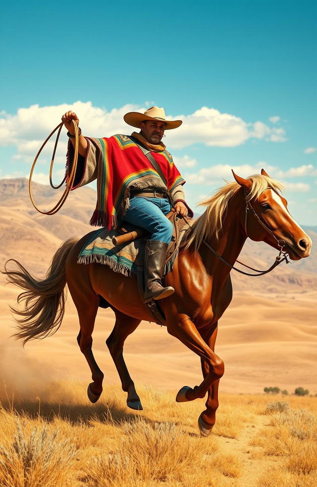 A legendary gaucho character inspired by Martin Fierro, dressed in traditional gaucho attire including a wide-brimmed hat, a colorful poncho, and leather boots