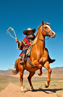 A legendary gaucho character inspired by Martin Fierro, dressed in traditional gaucho attire including a wide-brimmed hat, a colorful poncho, and leather boots