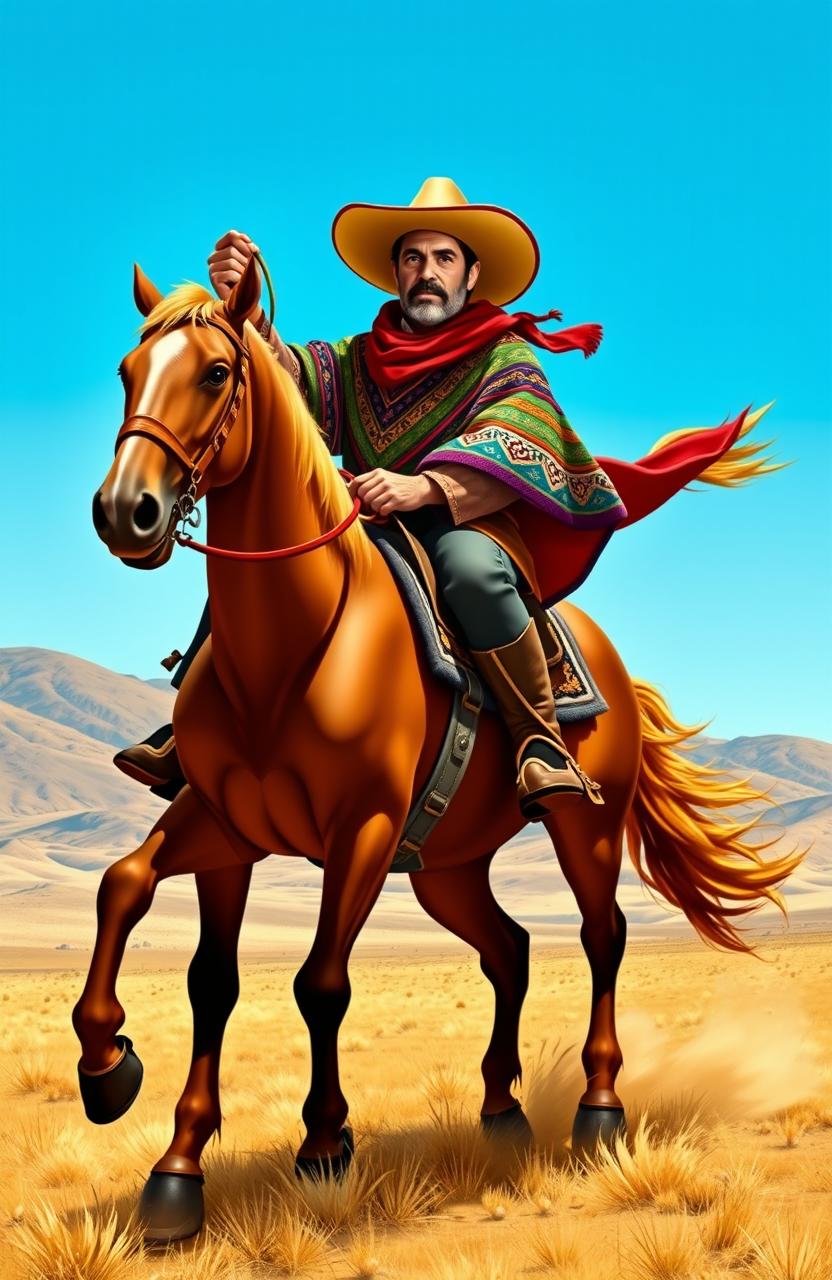 A legendary gaucho character inspired by Martin Fierro, dressed in traditional gaucho attire including a wide-brimmed hat, a colorful poncho, and leather boots