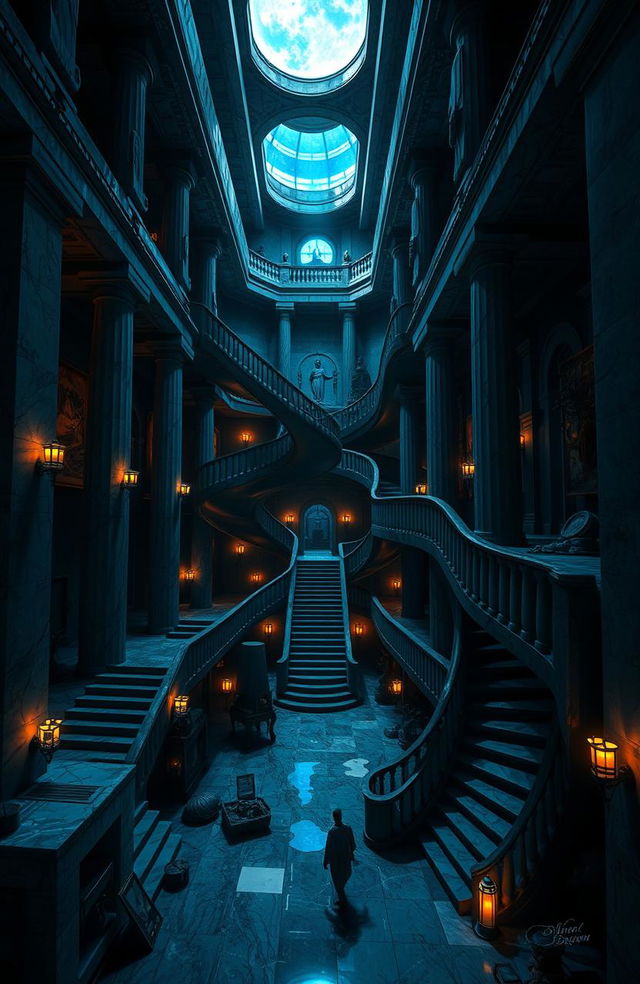 A surreal and imaginative representation of 'La Casa de Asterion', inspired by the labyrinthine structure described in the myth of the Minotaur