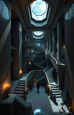 A surreal and imaginative representation of 'La Casa de Asterion', inspired by the labyrinthine structure described in the myth of the Minotaur