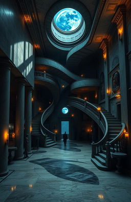 A surreal and imaginative representation of 'La Casa de Asterion', inspired by the labyrinthine structure described in the myth of the Minotaur