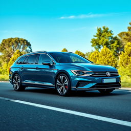 A sporty BEV (Battery Electric Vehicle) estate car inspired by the design of the Volkswagen Passat, featuring a sleek, aerodynamic silhouette with a gently sloped rear