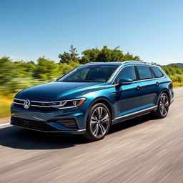 A sporty BEV (Battery Electric Vehicle) estate car inspired by the design of the Volkswagen Passat, featuring a sleek, aerodynamic silhouette with a gently sloped rear