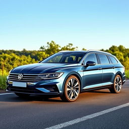 A sporty BEV (Battery Electric Vehicle) estate car inspired by the design of the Volkswagen Passat, featuring a sleek, aerodynamic silhouette with a gently sloped rear