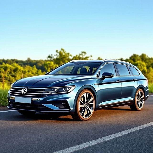 A sporty BEV (Battery Electric Vehicle) estate car inspired by the design of the Volkswagen Passat, featuring a sleek, aerodynamic silhouette with a gently sloped rear