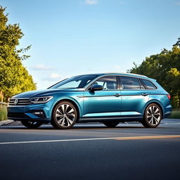 A sporty BEV (Battery Electric Vehicle) estate car inspired by the design of the Volkswagen Passat, featuring a sleek, aerodynamic silhouette with a gently sloped rear