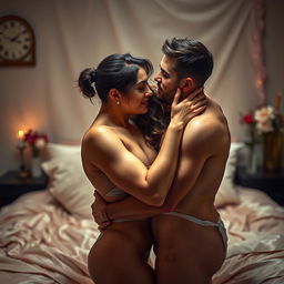 A passionate and intimate scene featuring an adult male and female figure sharing a moment filled with desire and attraction