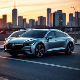 A modern BEV (Battery Electric Vehicle) estate car inspired by the sleek design elements of the Volkswagen Passat and Porsche Taycan