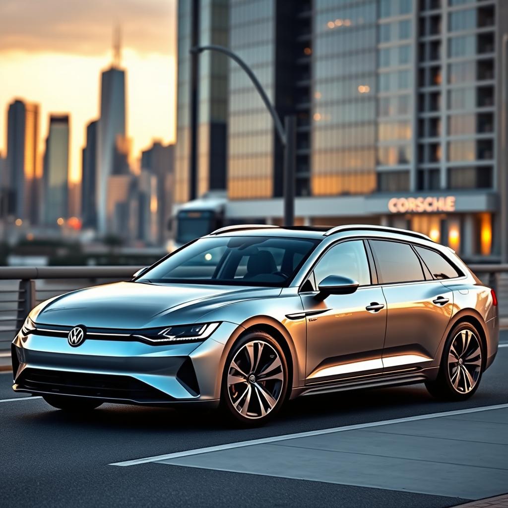 A modern BEV (Battery Electric Vehicle) estate car inspired by the sleek design elements of the Volkswagen Passat and Porsche Taycan, but featuring no visible logos