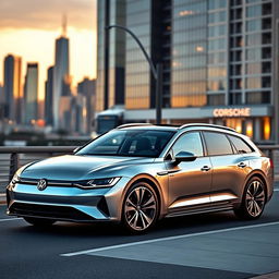 A modern BEV (Battery Electric Vehicle) estate car inspired by the sleek design elements of the Volkswagen Passat and Porsche Taycan, but featuring no visible logos