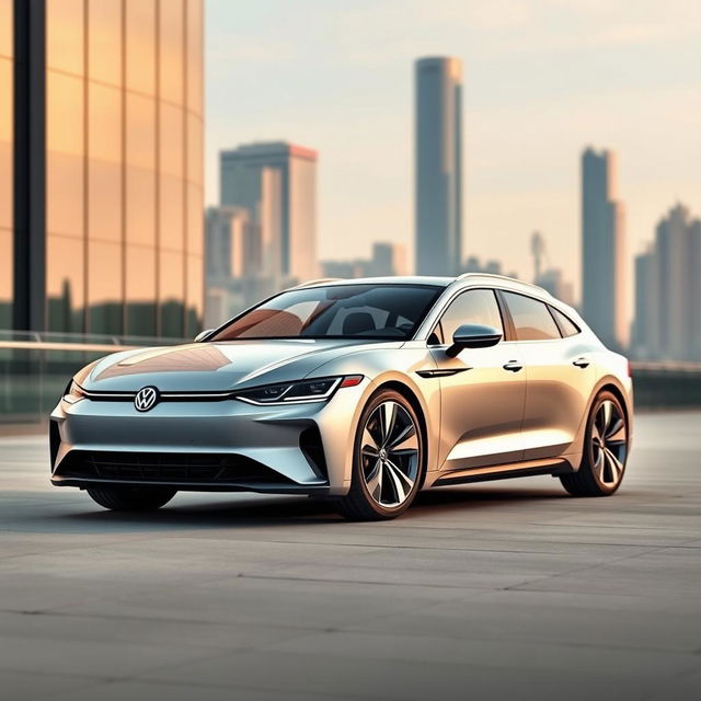 A modern BEV (Battery Electric Vehicle) estate car designed with a harmonious blend of elements from the Volkswagen Passat and Porsche Taycan, featuring a sleek and aerodynamic profile