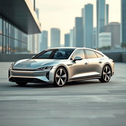 A modern BEV (Battery Electric Vehicle) estate car designed with a harmonious blend of elements from the Volkswagen Passat and Porsche Taycan, featuring a sleek and aerodynamic profile