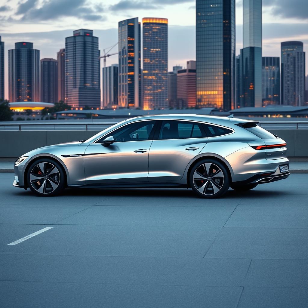 A modern BEV (Battery Electric Vehicle) estate car designed with a harmonious blend of elements from the Volkswagen Passat and Porsche Taycan, featuring a sleek and aerodynamic profile