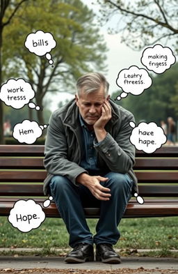 A middle-aged man with a worried expression, sitting on a park bench surrounded by nature, his head resting in his hands