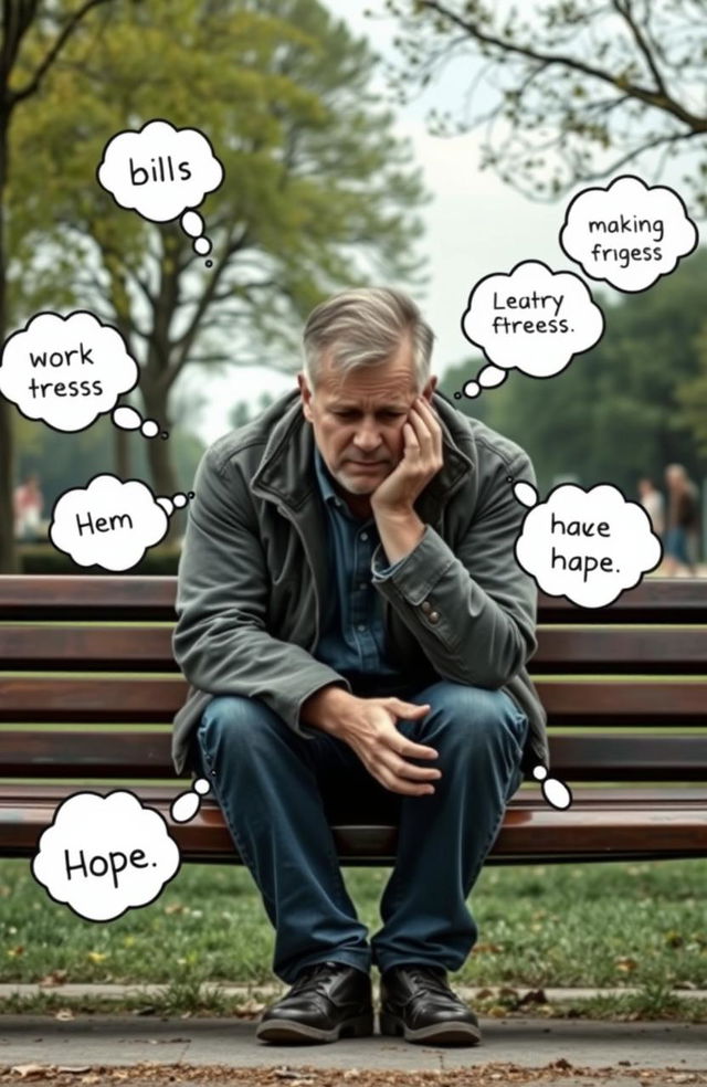 A middle-aged man with a worried expression, sitting on a park bench surrounded by nature, his head resting in his hands