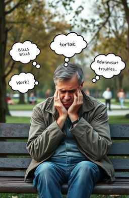 A middle-aged man with a worried expression, sitting on a park bench surrounded by nature, his head resting in his hands
