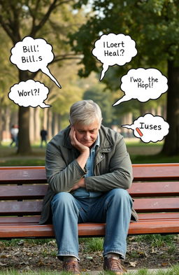 A middle-aged man with a worried expression, sitting on a park bench surrounded by nature, his head resting in his hands