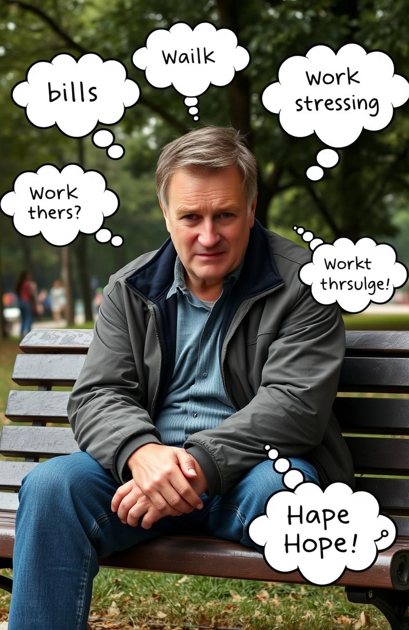 A middle-aged man with a worried expression, sitting on a park bench surrounded by nature, his head resting in his hands