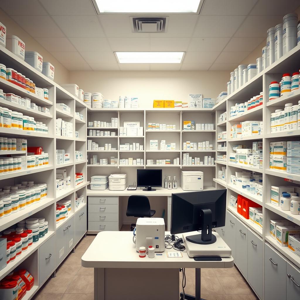 A specialized medication storage room, beautifully organized with shelves filled with various pharmaceutical products, neatly labeled bottles, and containers