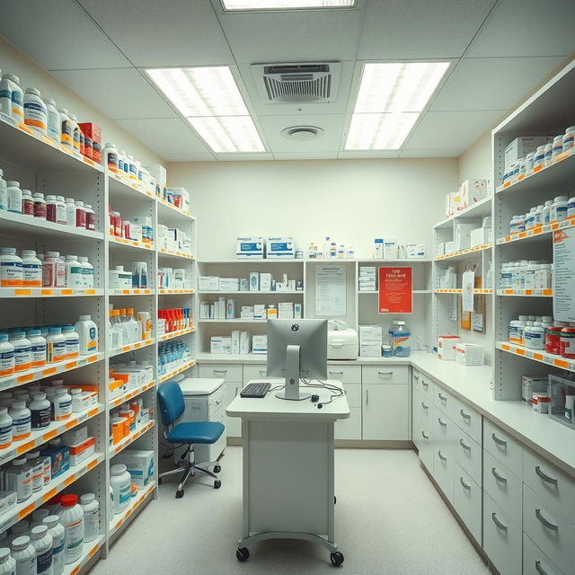 A specialized medication storage room, beautifully organized with shelves filled with various pharmaceutical products, neatly labeled bottles, and containers