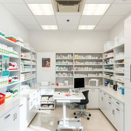 A specialized medication storage room, beautifully organized with shelves filled with various pharmaceutical products, neatly labeled bottles, and containers