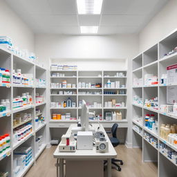 A specialized medication storage room, beautifully organized with shelves filled with various pharmaceutical products, neatly labeled bottles, and containers