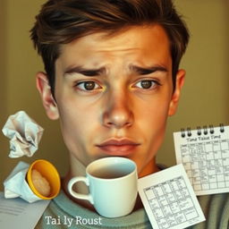 A close-up portrait of a young adult human being, showcasing a thoughtful expression on their face