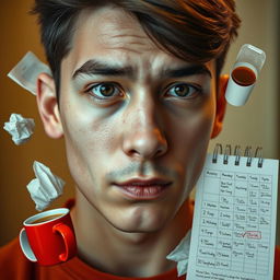 A close-up portrait of a young adult human being, showcasing a thoughtful expression on their face