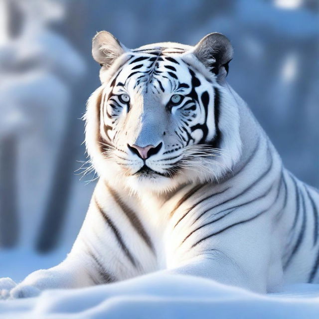 Generate an image of a beautiful white tiger, its form carved from translucent, crystalline ice