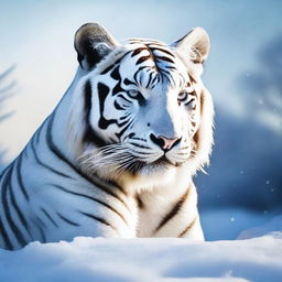 Generate an image of a beautiful white tiger, its form carved from translucent, crystalline ice