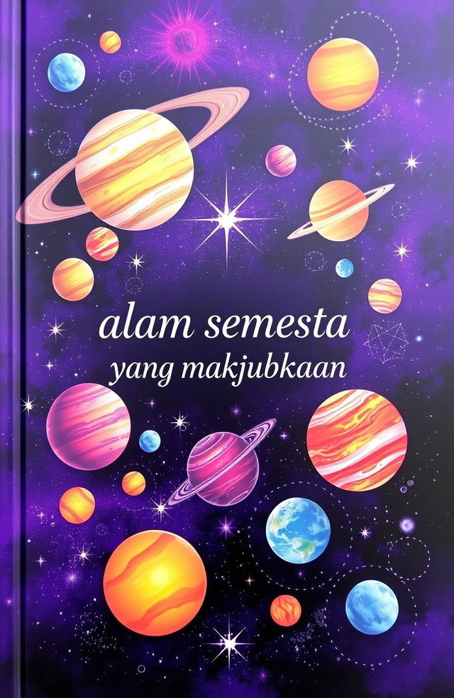 A stunning book cover about outer space featuring vivid illustrations of various planets and solar systems