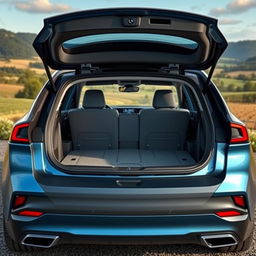 A modern all-electric estate car featuring a spacious and stylish design, specifically highlighting its expansive rear and boot space