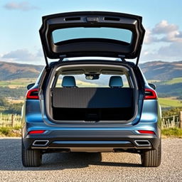 A modern all-electric estate car featuring a spacious and stylish design, specifically highlighting its expansive rear and boot space