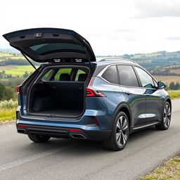 A modern all-electric estate car featuring a spacious and stylish design, specifically highlighting its expansive rear and boot space