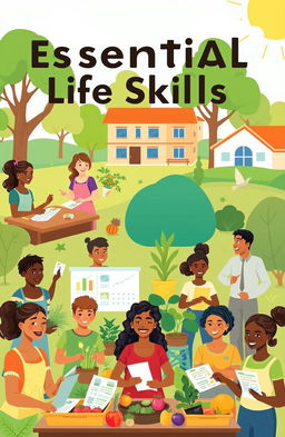 A vibrant and engaging illustration showcasing various essential life skills being practiced in a community setting