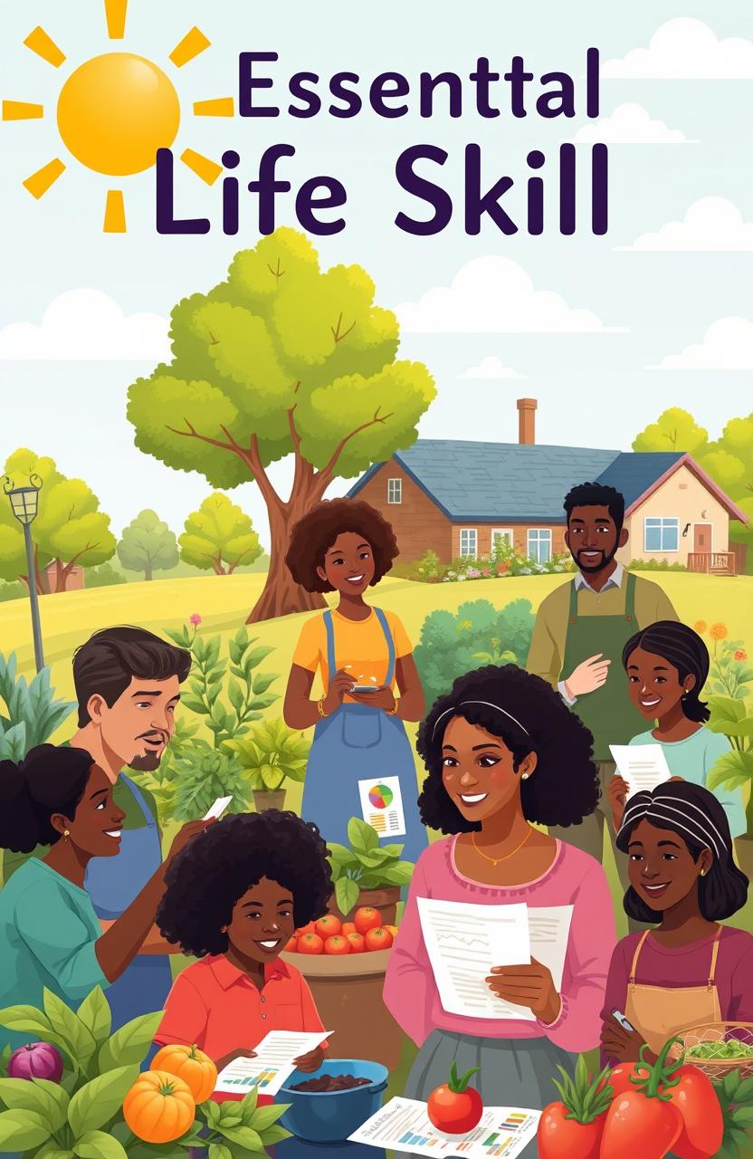 A vibrant and engaging illustration showcasing various essential life skills being practiced in a community setting