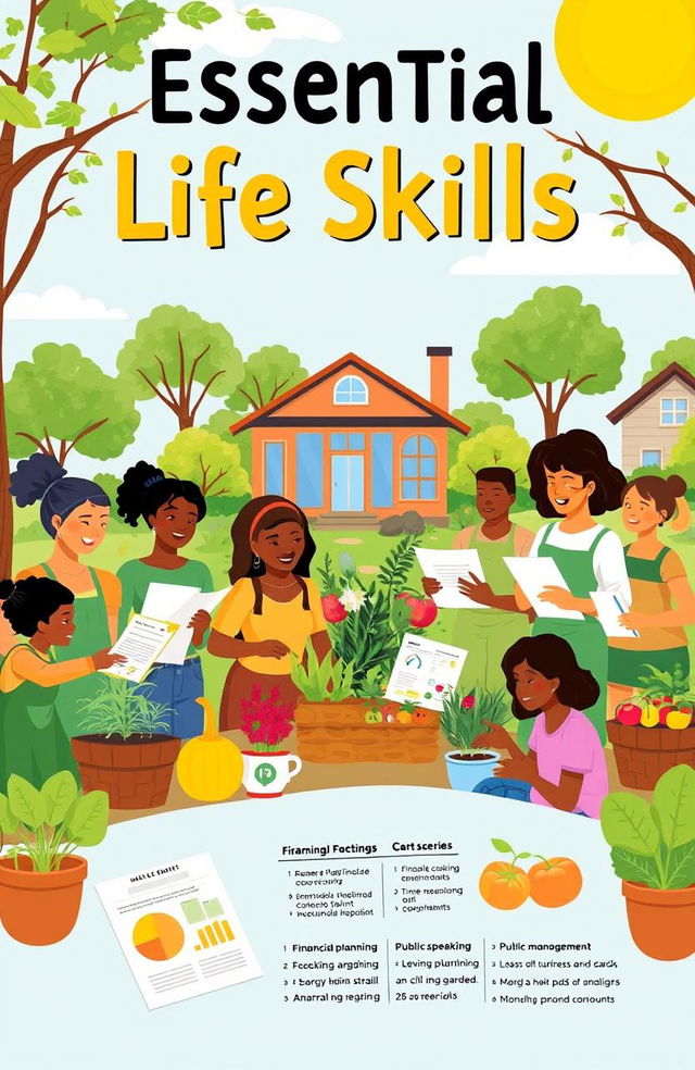 A vibrant and engaging illustration showcasing various essential life skills being practiced in a community setting