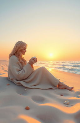 A serene beach scene depicting a beautiful blonde girl sitting on the soft sand, wrapped in a cozy blanket, sipping hot coffee