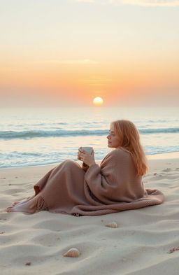 A serene beach scene depicting a beautiful blonde girl sitting on the soft sand, wrapped in a cozy blanket, sipping hot coffee