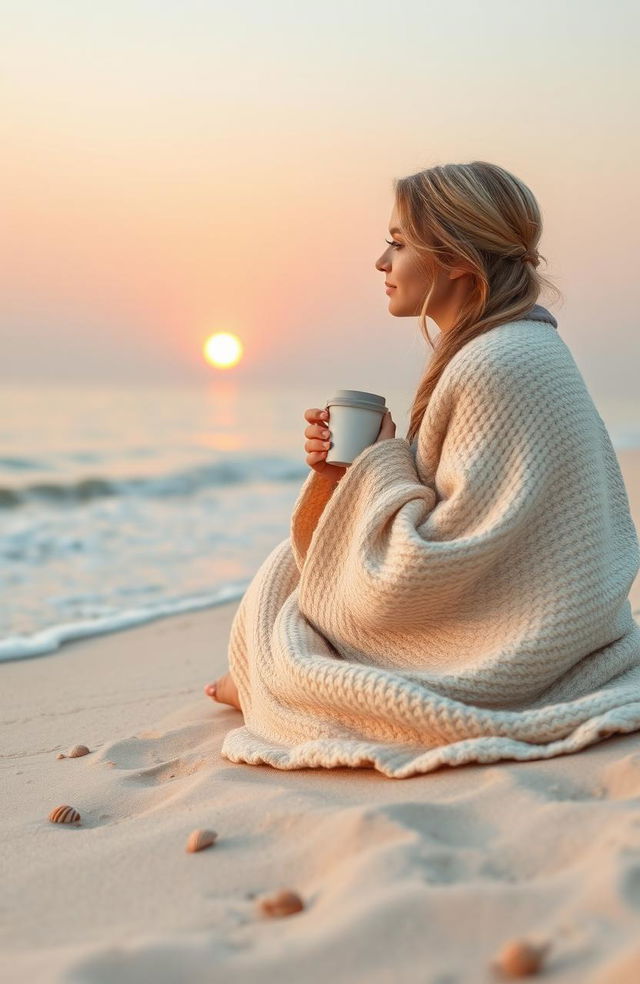 A serene beach scene depicting a beautiful blonde girl sitting on the soft sand, wrapped in a cozy blanket, sipping hot coffee