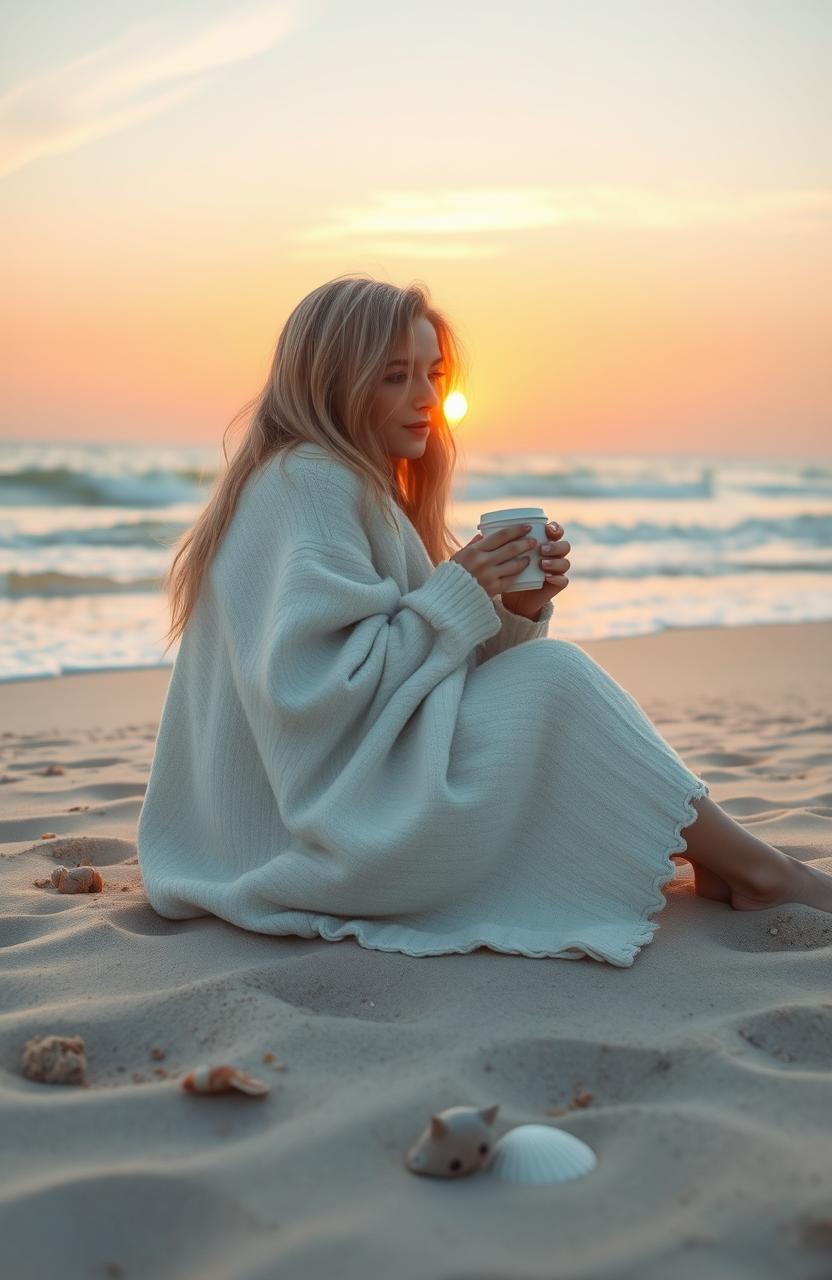 A serene beach scene depicting a beautiful blonde girl sitting on the soft sand, wrapped in a cozy blanket, sipping hot coffee