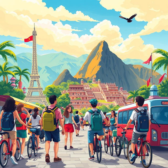 An adventurous and vibrant illustration that captures the essence of travel and tourism